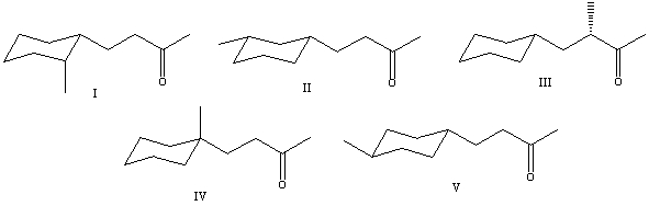 What is the correct structure for (S) -4-cyclohexyl-3-methyl-2-butanone?   A)  I B)  II C)  III D)  IV E)  V
