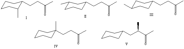What is the correct structure for (S) -4-cyclohexyl-3-methyl-2-butanone?   A)  I B)  II C)  III D)  IV E)  V