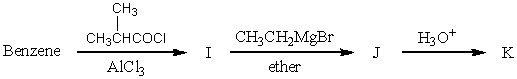 The product,K,of the following sequence of reactions   would be:   A)  I B)  II C)  III D)  IV E)  V