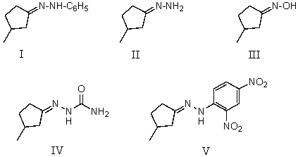 Which of the following is formed when 3-methylcyclopentanone reacts with hydroxylamine?   A)  I B)  II C)  III D)  IV E)  V