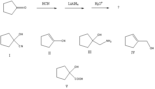 What is the major product of the following reaction sequence?   A)  I B)  II C)  III D)  IV E)  V