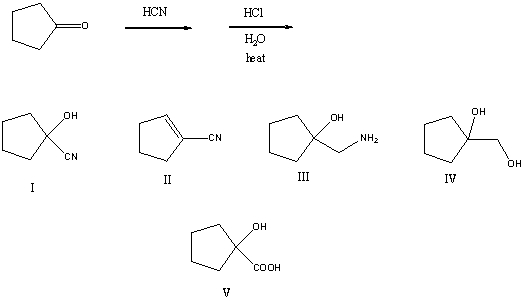 What is the major product of the following reaction sequence?   A)  I B)  II C)  III D)  IV E)  V