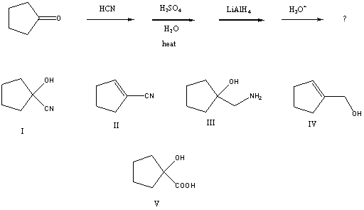 What is the major product of the following reaction sequence?   A)  I B)  II C)  III D)  IV E)  V