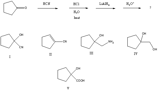 What is the major product of the following reaction sequence?   A)  I B)  II C)  III D)  IV E)  V