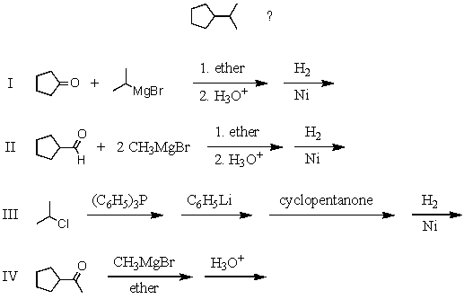 Which reaction sequence would be used to prepare   A)  I B)  II C)  III D)  IV E)  All of the above would yield the product.