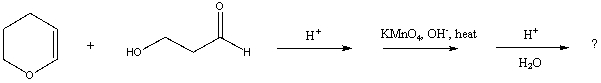 Complete the following reaction sequence,giving structural details of all significant intermediates and the final product.  