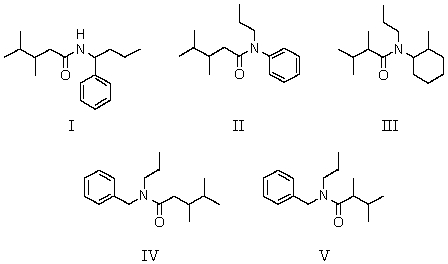 Which of the following structures is N-benzyl-N-propyl-2,3-dimethylbutanamide?   A)  I B)  II C)  III D)  IV E)  V
