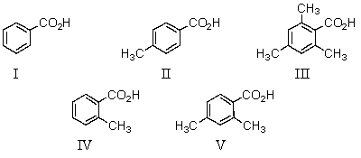 Which of the following would be the weakest acid?   A)  I B)  II C)  III D)  IV E)  V