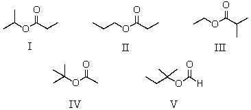  A compound has the molecular formula,C<sub>6</sub>H<sub>12</sub>O<sub>2</sub>.Its IR spectrum shows a strong absorption band near 1740 cm<sup>-1</sup>;its <sup>1</sup>H NMR spectrum consists of two singlets,at   \delta 1.4 and  \delta 2.0.The most likely structure for this compound is:   A)  I B)  II C)  III D)  IV E)  V 
