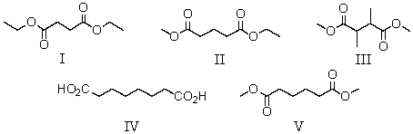  A compound has the molecular formula C<sub>8</sub>H<sub>14</sub>O<sub>4</sub>.Its IR spectrum shows a strong absorption band near 1740 cm<sup>-1</sup>.Its <sup>1</sup>H NMR spectrum consists of: triplet,   \delta  1.3 Singlet,   \delta  2.6 Quartet,   \delta  4.2 The most likely structure for the compound is:   A)  I B)  II C)  III D)  IV E)  V 