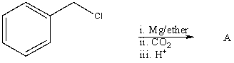 What is the expected product,A,of the following reaction sequence?   A)  HCO<sub>2</sub>CH<sub>2</sub>C<sub>6</sub>H<sub>5</sub> B)  C<sub>6</sub>H<sub>5</sub>CH<sub>2</sub>COOH C)  C<sub>6</sub>H<sub>5</sub>CH<sub>2</sub>OSO<sub>3</sub>H D)  C<sub>6</sub>H<sub>5</sub>CHClCOOH E)  O=C(CH<sub>2</sub>C<sub>6</sub>H<sub>5</sub>) <sub>2</sub>