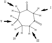 Which is the most acidic hydrogen in the compound shown?   A)  I B)  II C)  III D)  IV E)  V