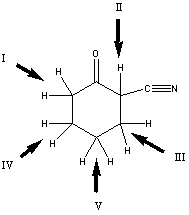 Which is the most acidic hydrogen in the compound shown?   A)  I B)  II C)  III D)  IV E)  V