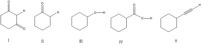 Considering only the highlighted hydrogens,list the following compounds in order of decreasing acidity:   A)  I,II,III,IV,V B)  II,V,III,I,IV C)  IV,I,III,II,V D)  IV,V,II,I,III E)  V,IV,III,II,I