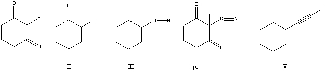 Considering only the highlighted hydrogens,list the following compounds in order of decreasing acidity:   A)  I,II,III,IV,V B)  II,V,III,I,IV C)  IV,I,III,II,V D)  IV,V,II,I,III E)  V,IV,III,II,I