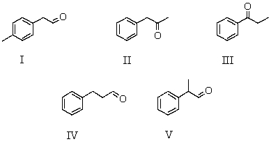  A compound,X,C<sub>9</sub>H<sub>10</sub>O,which reacts with I<sub>2</sub>/NaOH to give a pale yellow precipitate,gives the following <sup>1</sup>H NMR spectrum. Singlet,   \delta 2.0 Singlet,   \delta 3.0 Multiplet,   \delta 7.7 Which is a possible structure for X?   A)  I B)  II C)  III D)  IV E)  V 