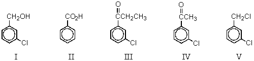 Which compound could be subjected to a haloform reaction to produce m-chlorobenzoic acid?   A)  I B)  II C)  III D)  IV E)  V
