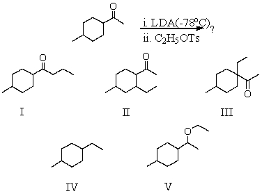 What would be the major product of the following reaction sequence?   A)  I B)  II C)  III D)  IV E)  V