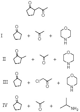What combination of reagents can be used to make the following substance via an enamine?   A)  I B)  II C)  III D)  IV E)  None of these reagents can be used.