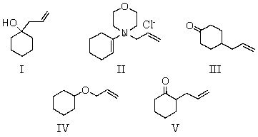 What product is finally formed when the initial compound formed from cyclohexanone and morpholine is mixed with allyl chloride and that product is heated and then hydrolyzed?   A)  I B)  II C)  III D)  IV E)  V