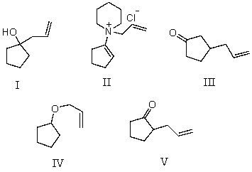 What product is finally formed when the initial compound formed from cyclopenatone and piperidine is mixed with allyl chloride and that product is heated and then hydrolyzed?   A)  I B)  II C)  III D)  IV E)  V