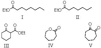 The reaction of diethyl heptanedioate with sodium ethoxide would give as the product:   A)  I B)  II C)  III D)  IV E)  V