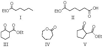 The reaction of diethyl hexanedioate with sodium ethoxide would give as the product:   A)  I B)  II C)  III D)  IV E)  V