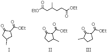 What is the product of the Dieckmann condensation of this diester,   A)  I B)  II C)  III D)  I and II E)  I,II,and III