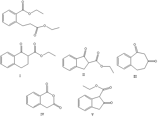 What is the product of the Dieckmann condensation of this diester,   A)  I B)  II C)  III D)  IV E)  V