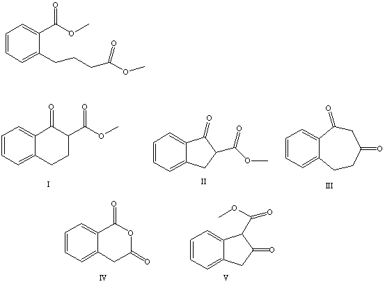What is the product of the Dieckmann condensation of this diester,   A)  I B)  II C)  III D)  IV E)  V