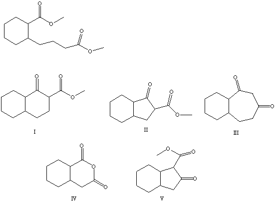 What is the product of the Dieckmann condensation of this diester,   A)  I B)  II C)  III D)  IV E)  V