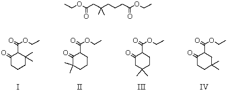 What product(s) is (are) likely to be obtained upon Dieckmann condensation of the following substance?   A)  I and II B)  II and III C)  III and IV D)  I and III E)  II and IV