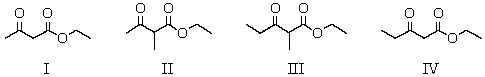 What product(s) result from the Claisen condensation carried out with an equimolar mixture of ethyl acetate and ethyl propanoate?   A)  I B)  II C)  III D)  IV E)  All of these