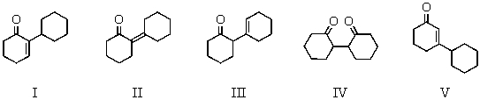 The aldol reaction of cyclohexanone produces which of these self-condensation products?   A)  I B)  II C)  III D)  IV E)  V