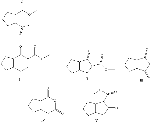 What is the product of the Dieckmann-like condensation of this ketoester,   A)  I B)  II C)  III D)  IV E)  V