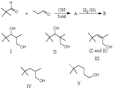 What would be the major product,B,of the following reaction sequence?   A)  I B)  II C)  III D)  IV E)  V