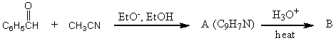 What would be the product,B,of the following reaction sequence?   A)  C<sub>6</sub>H<sub>5</sub>CH=CHCO<sub>2</sub>H B)    C)  C<sub>6</sub>H<sub>5</sub>CH<sub>2</sub>CH<sub>2</sub>CO<sub>2</sub>H D)    E)   