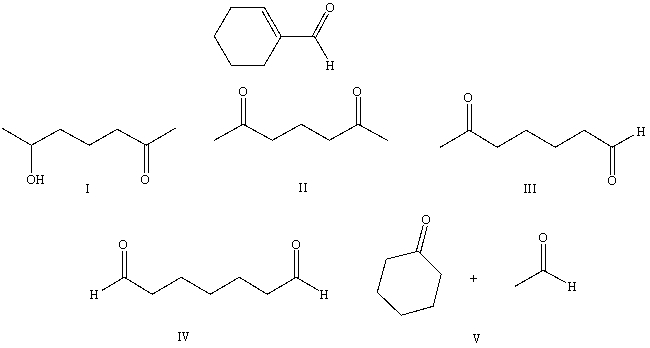 What starting compound(s) would you use in an aldol reaction to prepare as the major product:   A)  I B)  II C)  III D)  IV E)  V
