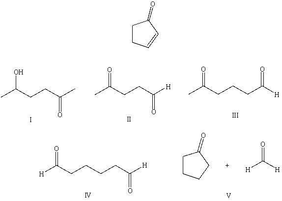 What starting compound(s) would you use in an aldol reaction to prepare as the major product:   A)  I B)  II C)  III D)  IV E)  V