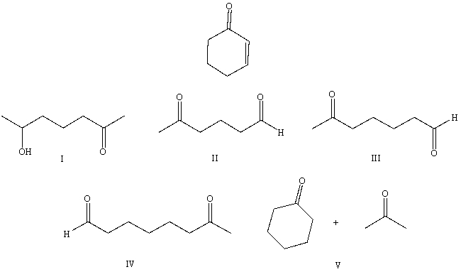 What starting compound(s) would you use in an aldol reaction to prepare as the major product:   A)  I B)  II C)  III D)  IV E)  V