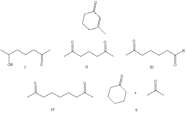 What starting compound(s) would you use in an aldol reaction to prepare as the major product:   A)  I B)  II C)  III D)  IV E)  V