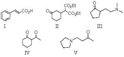 Which compound may be prepared using a Mannich reaction?   A)  I B)  II C)  III D)  IV E)  V
