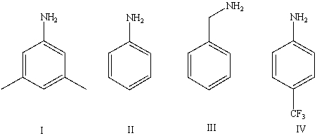 Arrange the following amines in order of increasing basicity (least to most) in aqueous solution:   A)  IV < II < I < III B)  III < II < IV < I C)  III < I < II < IV D)  II < III < I < IV E)  Cannot be determined from information given