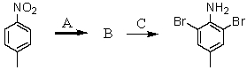 Consider the synthesis below.What is reagent C?   A)  excess Br<sub>2</sub>,H<sub>2</sub>O B)  Fe,HCl;then OH<sup>-</sup> C)  NH<sub>2</sub>Cl,AlCl<sub>3</sub> D)  CuBr E)  HNO<sub>3</sub>,H<sub>2</sub>SO<sub>4</sub>,Fe
