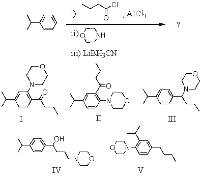 What would be the product of the following reaction sequence?   A)  I B)  II C)  III D)  IV E)  V
