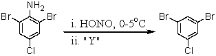 Consider the synthesis below.What is reagent  Y ?   A)  Br<sub>2</sub>/FeBr<sub>3</sub> B)  CuBr C)  CuBr<sub>2</sub> D)  H<sub>3</sub>PO<sub>2</sub>/H<sub>2</sub>O E)  H<sub>3</sub>PO<sub>4</sub>