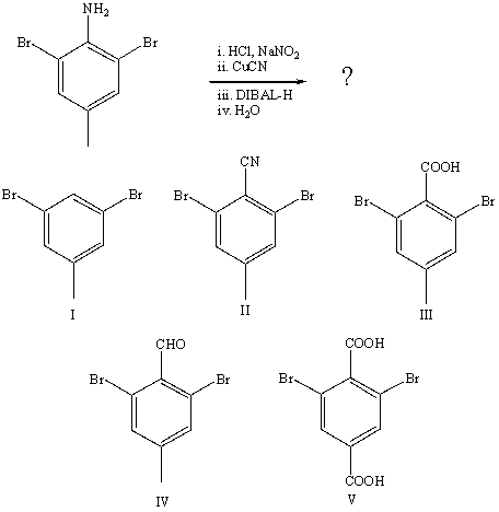 What is the product of the following reaction sequence:   A)  I B)  II C)  III D)  IV E)  V