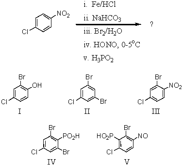 What final product is expected from the following reaction sequence?   A)  I B)  II C)  III D)  IV E)  V