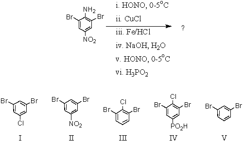 What compound is likely to be obtained via the following reaction sequence?   A)  I B)  II C)  III D)  IV E)  V