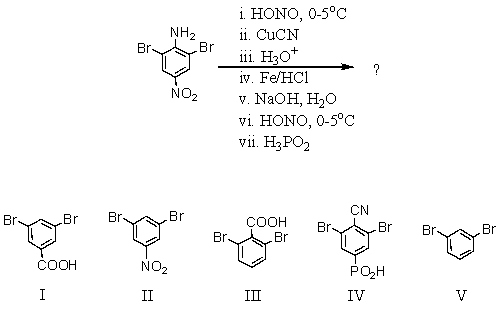 What compound is likely to be obtained via the following reaction sequence?   A)  I B)  II C)  III D)  IV E)  V